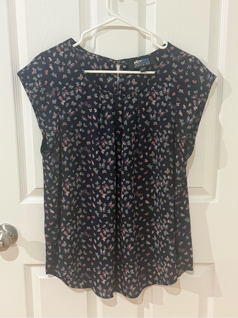 Alice + Olivia Black Butterfly-Print Cap Sleeve Blouse